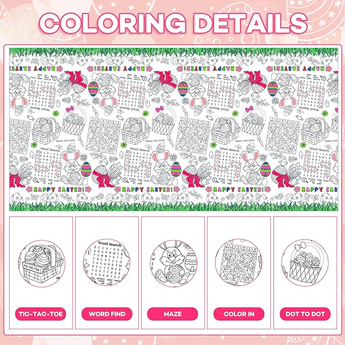3 Pack Large Happy Easter Coloring Tablecloth - Giant Easter Color-in Paper Poster, Rectangle Cute Bunny Activity Coloring Table Cloth for Spring Easters Party Craft Decorations Favors, 54 x 108 Inch