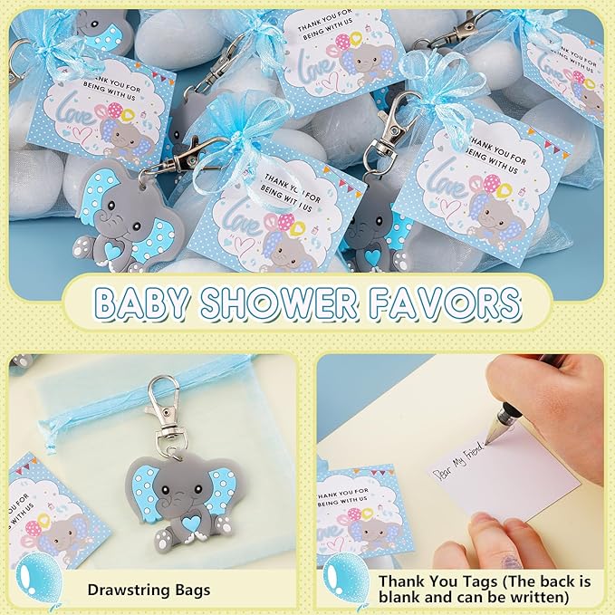 HozHoy 40 Sets Baby Shower Favors for Boys, Guests Gifts Including Elephant Keychains Decorations, Drawstring Bags, Thank You Cards
