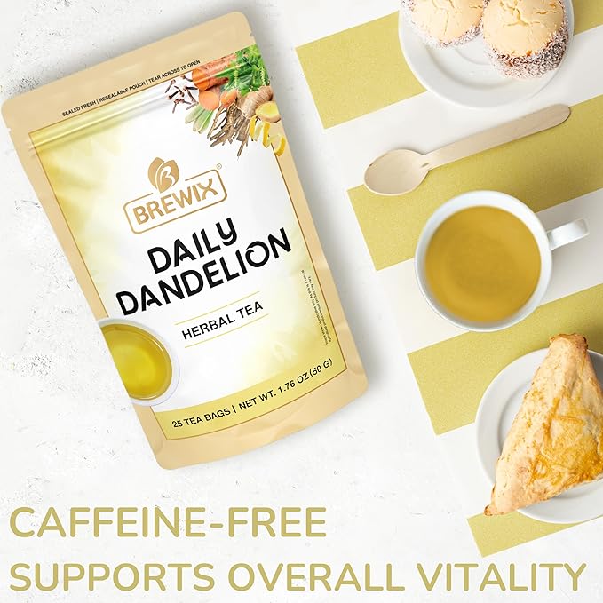BREWIX, Dandelion Root Detox Tea (25 Pyramid Tea Bags) Caffeine-Free Herbal Blend with Ginger, Tulsi & Turmeric | Supports Liver Health & Gentle Cleanse | Natural & Refreshing | Direct from Source