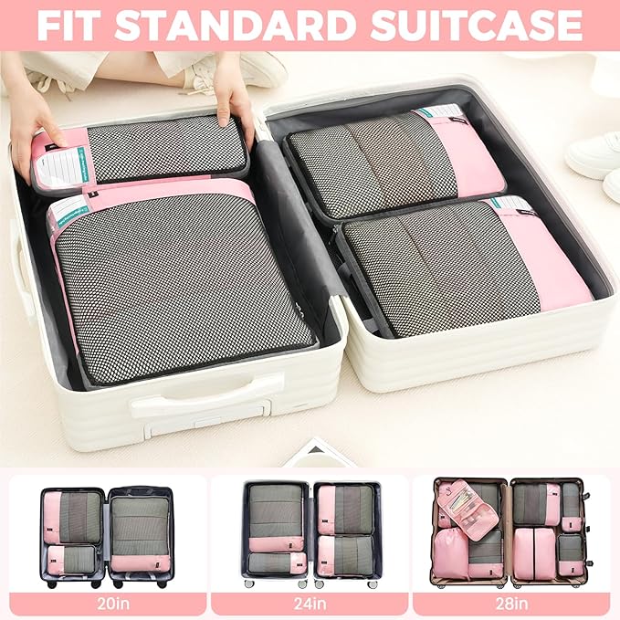BAGAIL 4/6 Set/8 Set Compression Packing Cubes Travel Accessories Expandable Packing Organizers(HalfMesh, 8-Pink)