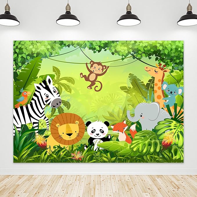 Riyidecor Jungle Safari Animal Backdrop Polyester Fabric Green Animation Kids Panda Lion 7Wx5H Feet Cute Wildlife Zoo Zebra Photography Background Birthday Baby Shower Photo Studio Shoot