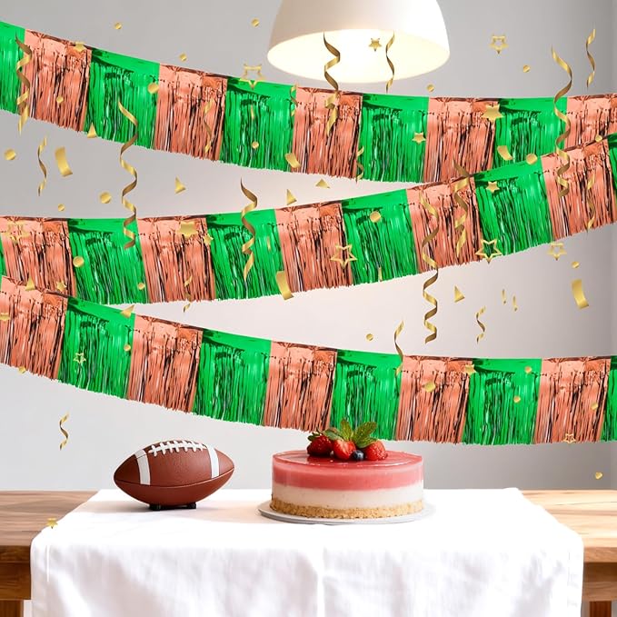 4 Packs 10 Feet Long Foil Fringe Football Parade Float Decorations for Trailer Superbowl Tinsel Garland Tinsel Green Brown Homecoming Metallic Car Streamers Super Ball Party Hanging Banner Backdrop