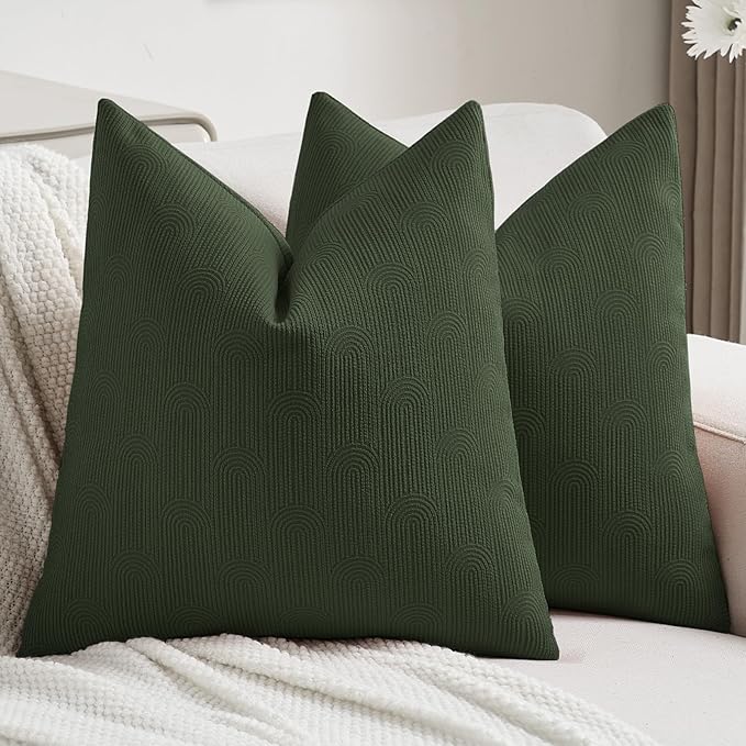 FUTEI Christmas Dark Green Chenille Decorative Throw Pillow Covers 16x16 Inch Set of 2,Soft Cozy Striped Geometric Patterns Cushion Cases,Modern Home Decor for Couch Bed Living Room