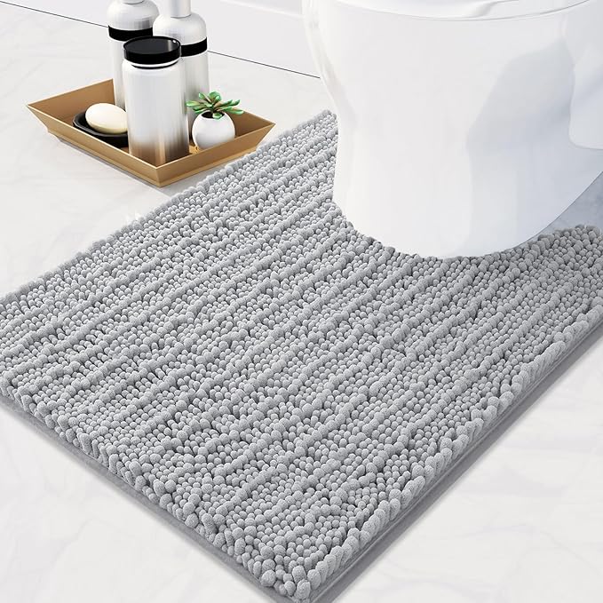 Arotive Luxury Chenille Toilet Rugs U-Shaped, Extra Soft Thick Absorbent Bathroom Mat, Non-Slip Shaggy Plush Contour Rugs, Machine Wash Dry Bath Mat for Toilet Base, 20x20, Light Grey