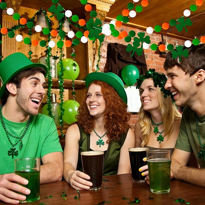 4 Pack 26.3 Feet St Patricks Day Shamrock Decorations Pom Pom Garland, Green White Orange 30 Balls St. Patrick's Day Felt Garlands for Irish Holiday Party Festivals Room Hanging Decorations