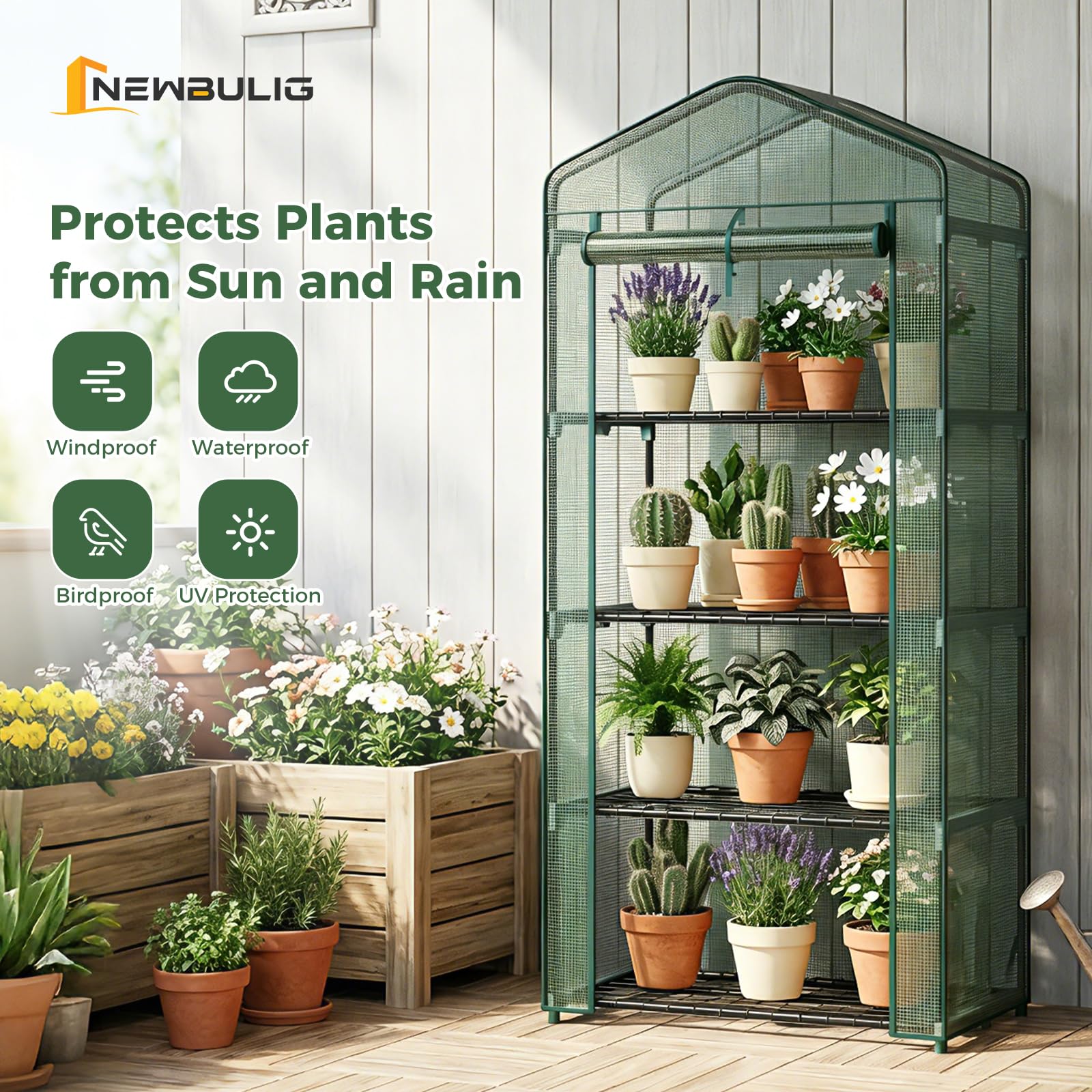 NEWBULIG 27"x19"x63" Mini Greenhouse, with Durable Zipper Door 4 Tier
