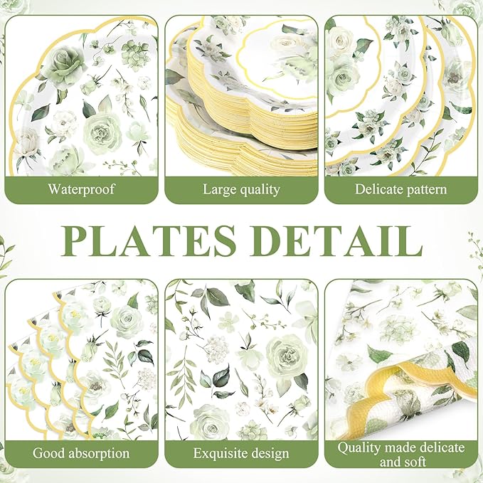Pickmesh 194 Pcs Spring Floral Party Decoration for 24 Guest, Sage Green Paper Plates and Napkins Cups Tablecloth Cutlery Tea Party Tableware for Bridal Shower Wedding Garden Women Birthday Supplies