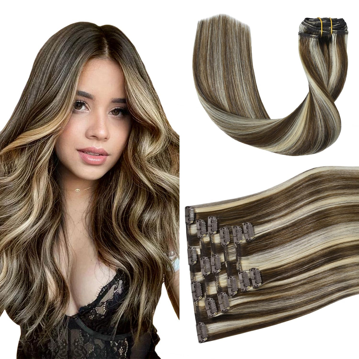 Aison Clip In Extensions Real Human Hair Balayage 75G Medium Brown to Blonde 100% Remy Human Hair Straight for Women 7pcs 16clips (15 Inch #4P613)