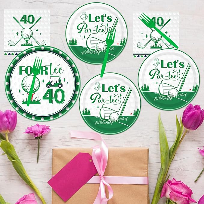 Rakuto Golf 40th Birthday Tableware Decorations for Men, Golf Theme Fourtee Birthday Party Plates Napkins and Forks, Disposable Paper Plates Supplies Decor Serves 24