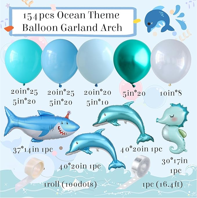 Under the Sea Party Decorations, 154pcs Ocean Blue Balloon Garland Arch Kit, Blue Bubble Balloons with Dolphin Shark Hippocampus Foil Balloon for Ocean Birthday Party Supplies Shark Party Decor