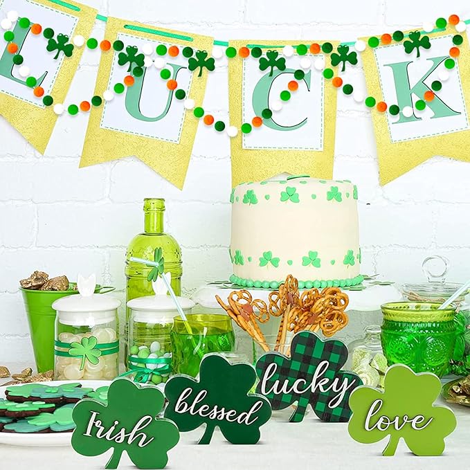 4 Pack 26.3 Feet St Patricks Day Shamrock Decorations Pom Pom Garland, Green White Orange 30 Balls St. Patrick's Day Felt Garlands for Irish Holiday Party Festivals Room Hanging Decorations