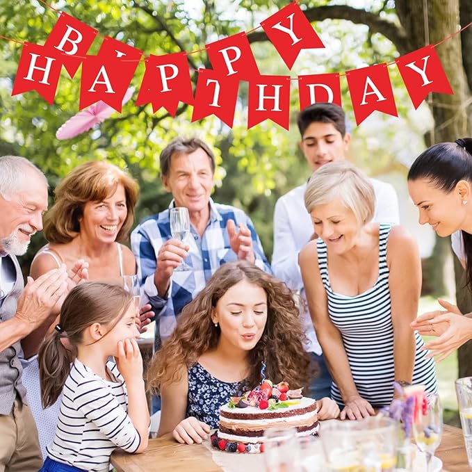 Red Happy Birthday Banner Sign Happy Birthday Bunting Banner Garland for Kids Girl Woman Birthday Tea Party Decorations Bunting Flag Birthday Party Supplies