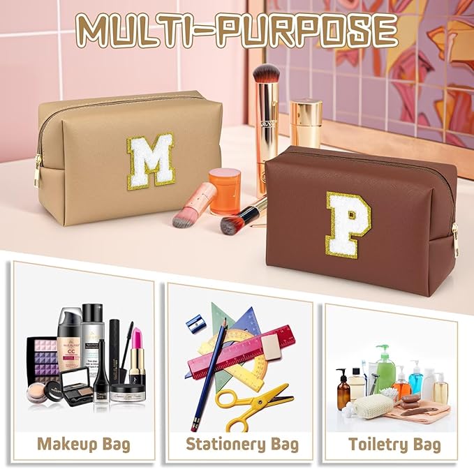 TOPEAST Initial Cosmetic Bag for Women, Preppy Small Makeup Bag, PU Leather Waterproof Toiletry Bag, Monogrammed Birthday Gifts for Women, Stuff for girls (Khaki S)