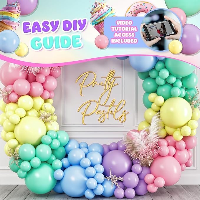 ALL-IN-1 Pastel Balloon Arch Kit for Pastel Party Decorations – Easter Spring Rainbow Party Balloons for Birthday, Baby Shower Decorations - Pastels Balloon Arch Kit with Mixed Sizes Rainbow Balloons