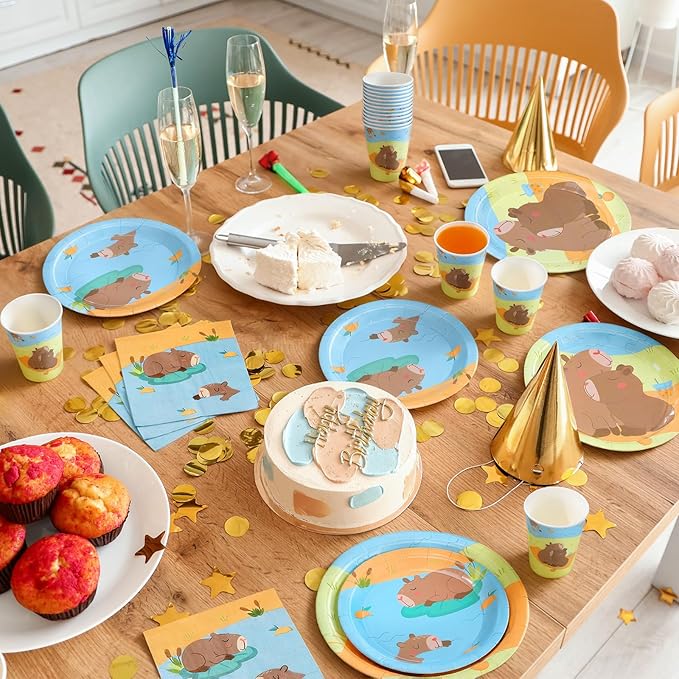 Pickmesh 250 Pcs Capybara Party Supplies Decorations Serve 50 Capybara Disposable Paper Plates Napkins and Cups Tableware Set Animals Themed Baby Shower Birthday Party Supplies