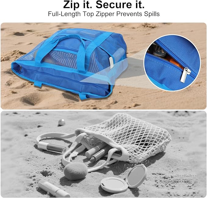 Mesh Beach Bags for Family - Women Beach Tote Bag for Toys, Towels, Travel Vacation Cruise Essentials