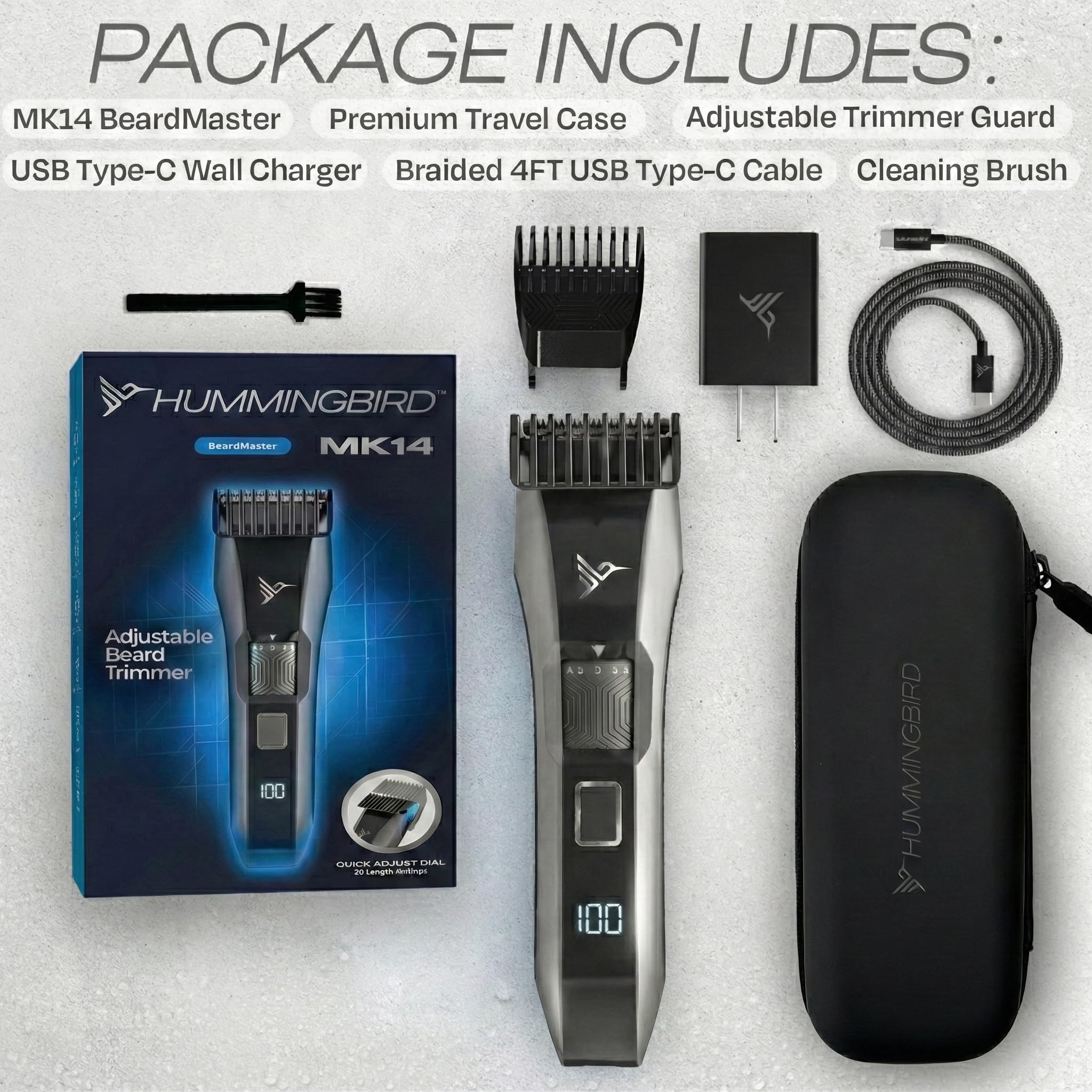 HUMMINGBIRD MK14 BeardMaster – Premium Beard Trimmer for Men, Precision Dial, Adjustable 20 Length Settings, Stainless Steel T-Blade, Cordless USB-C Rechargeable, Waterproof, LED Display, Travel Case