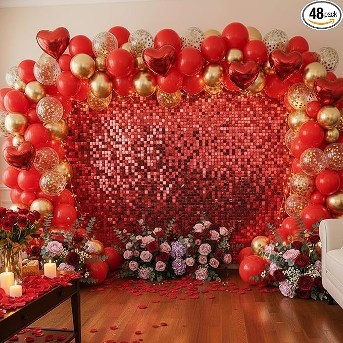 Red Shimmer Wall Backdrop 48 Panels Cover 6 x 8 Ft, Photo Backdrops for Wedding,Anniversary,Birthday,Party Decoration