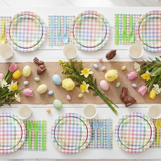 175 Pcs Easter Plates and Napkins, Easter Plaid Party Supplies Include Spring Pastel Gingham Plates Napkins Cups Plastic Cutlery Pastel Party Decorations for Baby Shower, Picnic, Birthday