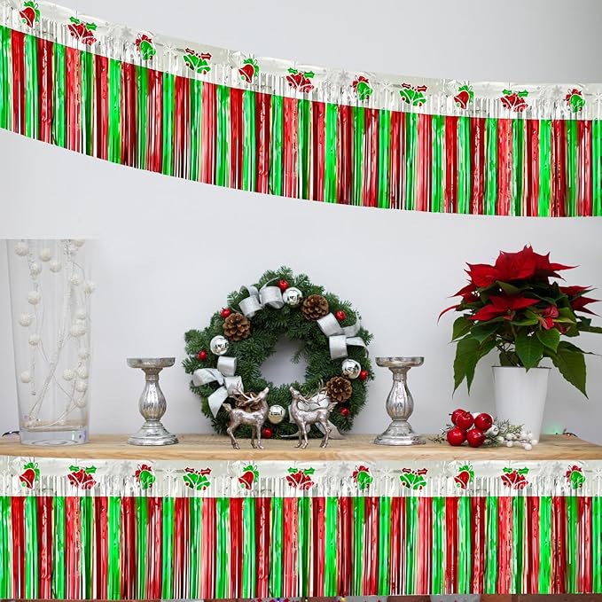 4 Packs 10 Feet Long Foil Fringe Christmas Garland Red Green Silver Tinsel Metallic Streamers Bells Wall Hanging Banner for Car Parade Floats Table Skirts Indoor Xmas Party Decorations