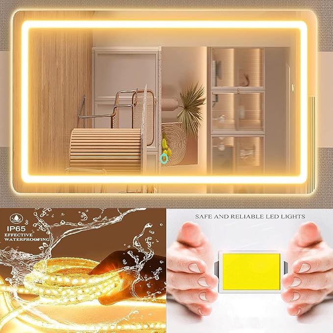 Makeup Vanity Mirror with USB Charging Port 24" x 19" Large LED Makeup Mirror, Desk Mirorr with Lights, Light up Mirror with 10X Magnification and, Dimmable 3 Modes, Touch Control Gold