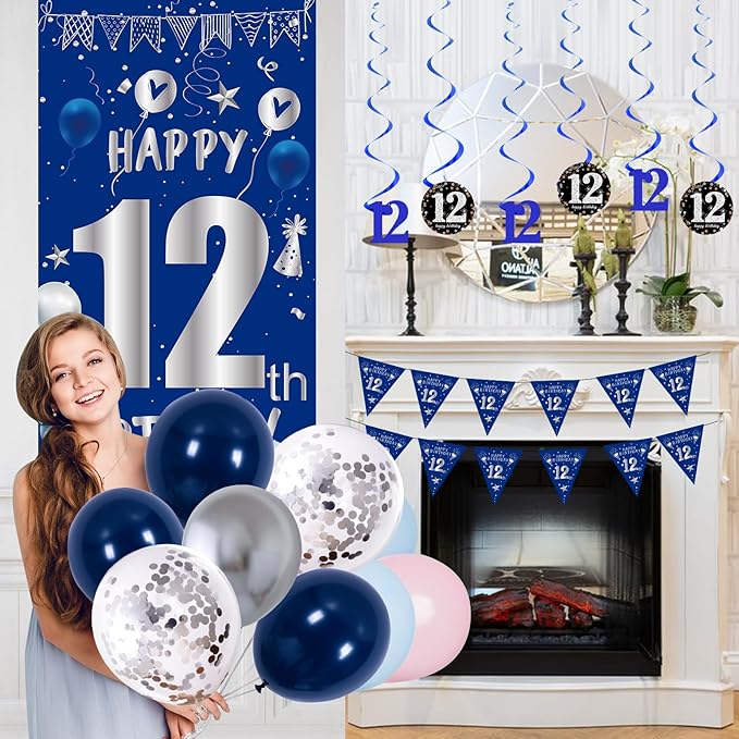12th Birthday Decorations for Boys Girls, Blue Silver Happy 12th Birthday Party Decorations Supplies - Happy 12 Birthday Backdrop Banner Tablecloth Triangle Flag Balloons for 12 Year Old Party
