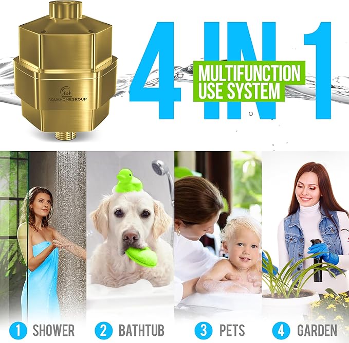 AquaHomeGroup 20 Stage Shower Filter for Hard Water - High Output Universal Shower Head Filter for Chlorine, Fluoride, Heavy Metals - Vitamin C E Shower Water Filter for Hair and Skin (Golden)