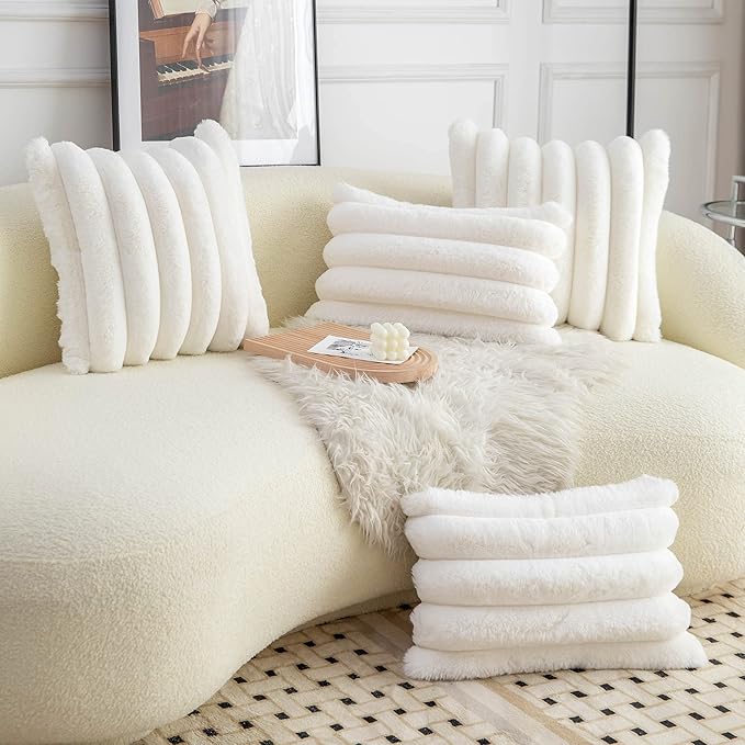 Neelvin Cream White Faux Fur Cozy Soft Striped Decorative Throw Pillow Covers 22x22 inch Set of 2,Velvet Pillowcase Cushion Case for Sofa Couch