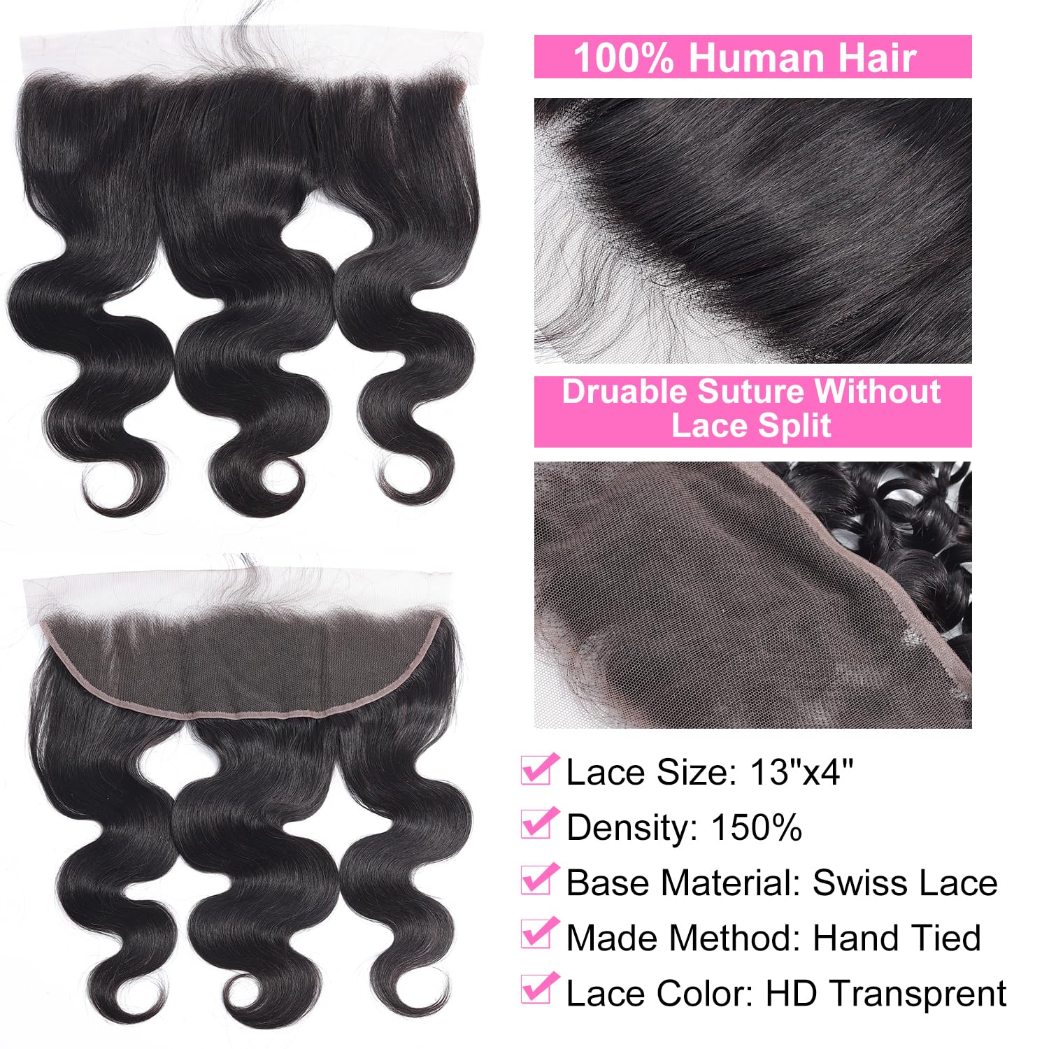 RESACA 20 Inch Body Wave HD Lace Frontal Human Hair 13x4 Transparent Swiss Lace Front 150 Density Ear To Ear for Women 100% Unprocessed Brazilian Virgin Human Hair (Nature Black Color)