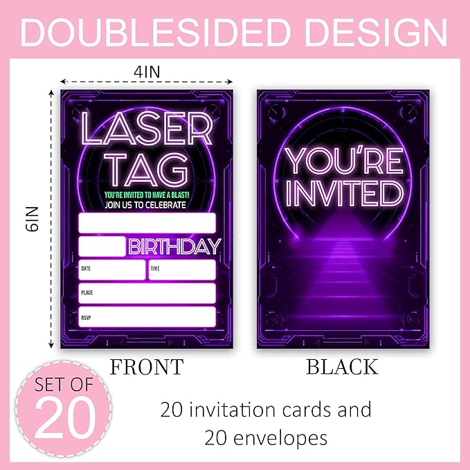 Laser Tag Birthday Party Invitations, Glow Neon Theme Invite Cards, 20 Count with Envelopes for Boys Girls Teen, 4 x 6 Double Sided Printed Fill In Blank Party Supplies- Purple