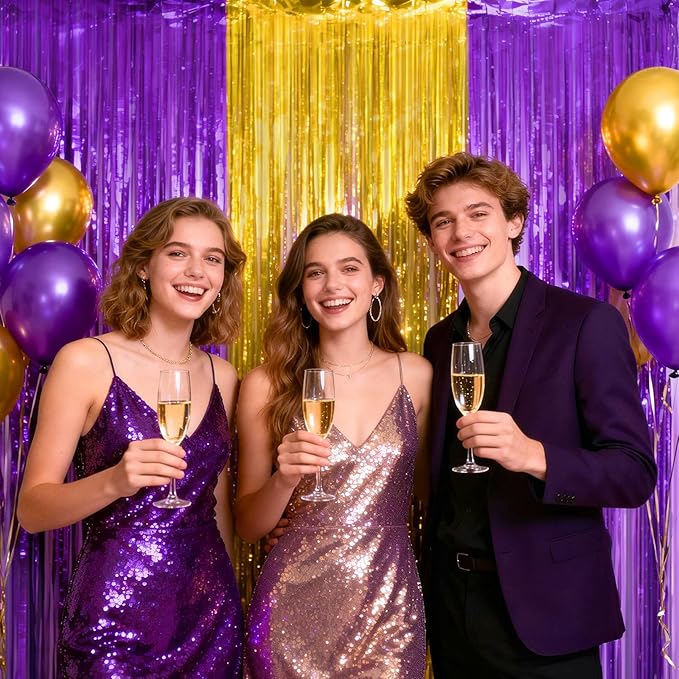 jijAcraft 3 Pack Purple Gold Tinsel Foil Fringe Curtain,Graduation Party Photo Backdrop, Metallic Foil Purple Gold Streamers for Graduation Decor Party Milestone Birthday Theme New Year’s Eve Party
