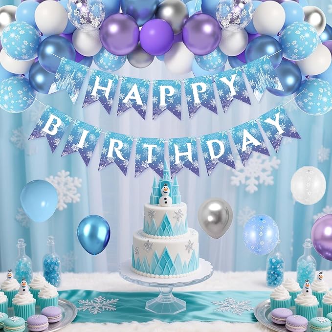 Frozen Birthday Decorations for Women,Happy Birthday Banner,Snowflake Foil Balloon,35 Blue Purple White Balloons,Photo Booth Props for Girls