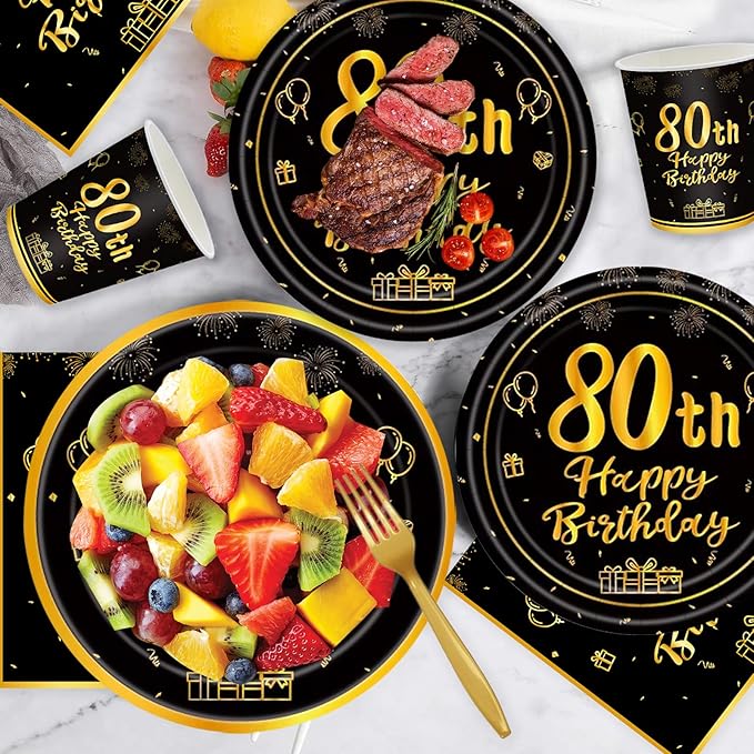 120Pcs 80th Birthday Party Supplies Plates Napkins Cups Forks Tableware Set Gold Black Happy 80th Birthday Themed Disposable Tableware Decoration Serves 24 Guests for Men Women 80 Years Old