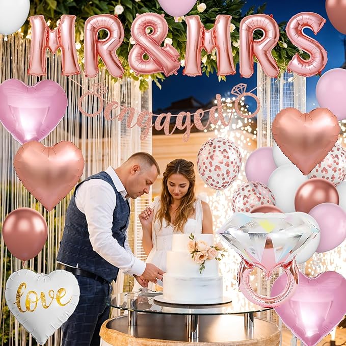 Rose Gold Engagement Party Decorations, MR and MRS Balloons Decor, Pink White Confetti Balloons, Love Heart and Diamond Ring Foil Balloon with Engaged Banner for Wedding Engagement Party Decoration