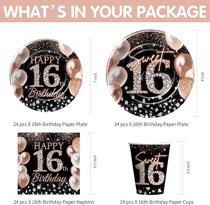 Sweet 16 Birthday Decorations for Girls, Black and Rose Gold Happy 16th Birthday Party Supplies Tableware, Paper Plate, Napkin, Cup, Disposable Cutlery, Tablecloth, Banner, Swirls, Serves 24