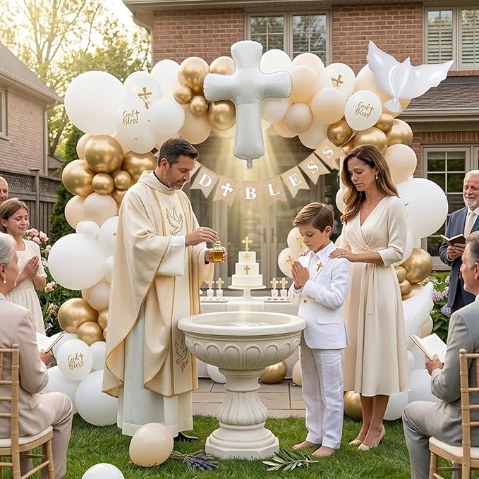God Bless Baptism Decorations Kit Sand White & Pearl Champagne Gold Balloon Garland Arch - Dove Cross Foil Balloons, Banner for Christening, First Holy Communion, Confirmation, Religious Party