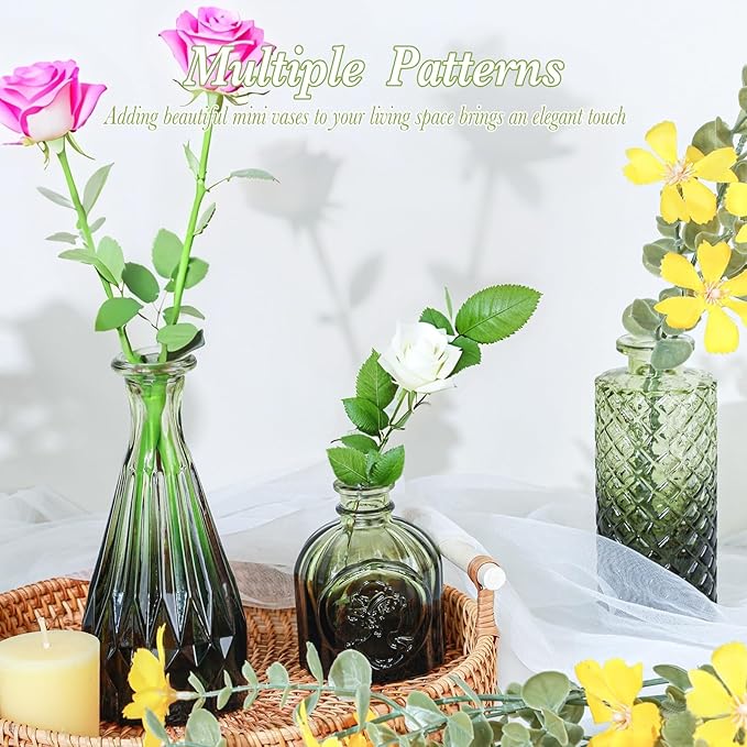 Green Glass Bud Vases Set of 12, Mini Flower Vase for Centerpieces, Small Glass Vases in Bulk for Wedding Decorations, Vintage Vase for Bridal Shower, Party, Recepetion, Home Table Décor