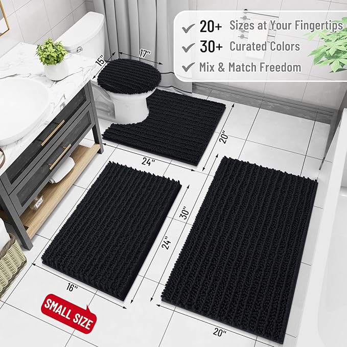 Arotive Luxury Chenille Bathroom Rug Mat, Extra Soft Thick Absorbent Shaggy Bath Rugs, Non-Slip Machine Wash Dry, Plush Bath Mats for Bathroom, Shower and Tub, 40x32, Black