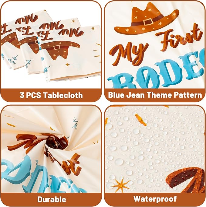 K1tpde 3PCS My First Redeo Birthday Party Tablecloths Western Theme Cowboy Table Covers for Kids Blue Cowboy 1st Plastic Table Cloth for Boy Redeo Themed Party Decoration Supplies