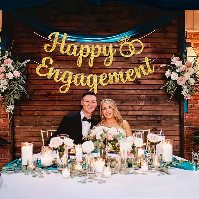 BEISHIDA Glitter Happy Engagement Banner-No DIY, Engagement Party Decorations,Bridal Garland Sign Wedding Party Supplies （Gold）