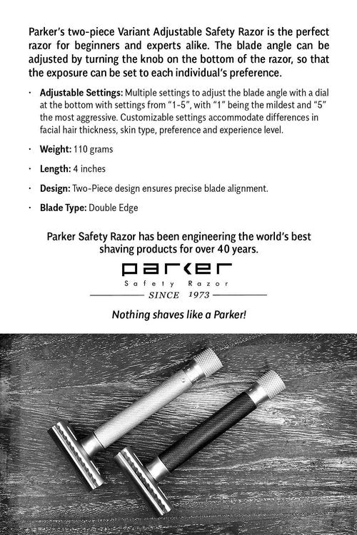 The Parker Variant ADJUSTABLE Double Edge Safety Razor and 105 Blade BUNDLE (GRAPHITE)