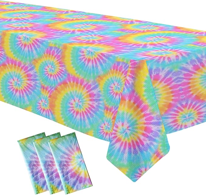 Tie Dye Party Tablecloth Decorations - Disposable Pastel Tie Dye Birthday Party Supplies Table Cover for Girls 1st 2nd 3rd Birthday Baby Shower - 3 Pack (54in x 108in)