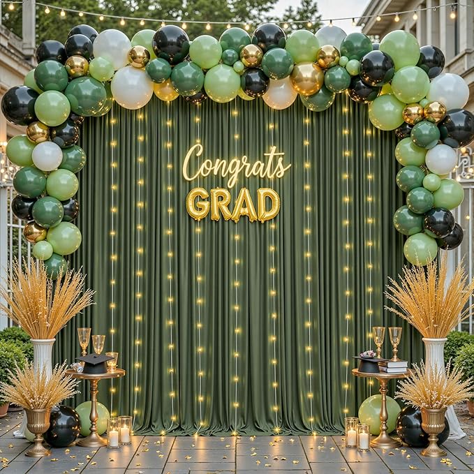 10 x 10ft Hunter Green Backdrop Curtains with Lights String Polyester Photo Backdrop Drapes Wrinkle Free Dark Green Long Curtain for Birthday Party Wedding Reception Baby Shower Ceremony-10 x 5ft x 2P