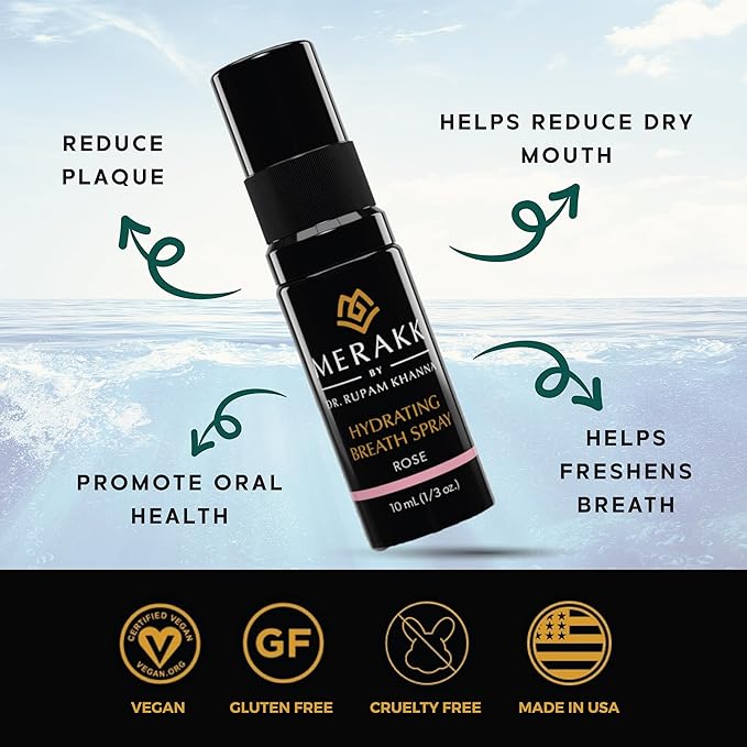 Merakk Hydrating Fresh Breath Spray in Rose - Sugar-Free Breath Freshener Spray & Dry Mouth Spray - Bad Breath Spray with Stevioside, Menthol & Glycerin - Dentist-Designed Oral Spray - 0.3 fl oz