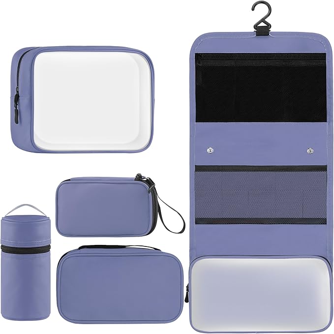 Toncoke Travel Toiletry Bag Set, Hanging Toiletry Bag Premium Faux Leather, Toiletry Bag for Women & Men, Travel Essentials Makeup Bag Water-resistant, Bluish Purple