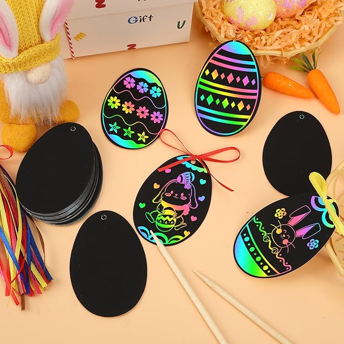 JULMELON 36 PCS Easter Egg Scratch Art for Kids, Rainbow Magic Scratch Paper Easter Crafts for Kids Gifts School Classroom Activities Project Party Favors Basket Fillers