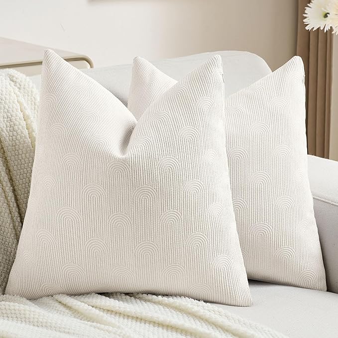 FUTEI Cream Chenille Decorative Throw Pillow Covers 26x26 Inch Set of 2,Soft Cozy Striped Geometric Patterns Euro Pillow Shams,Modern Home Decor for Couch Bed Living Room