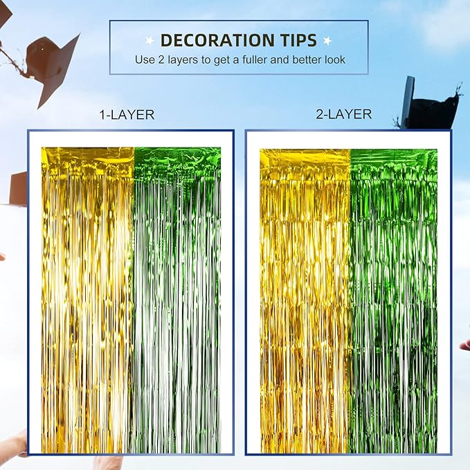 LOLStar Graduation Party Decoration, 2 Pack Green and Gold 3.3x6.6 ft Foil Fringe Curtains, Tinsel Backdrop, Graduation Photo Booth Prop Streamer Backdrop for Class of 2026, Prom and Grad Party Decor