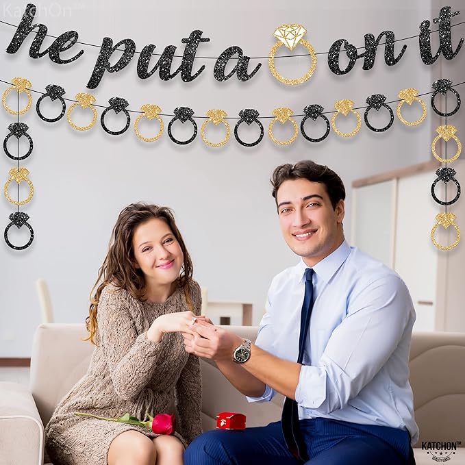 KatchOn, He Put a Ring On It Banner - 10 Feet, No DIY | Black and Gold Engagement Party Decorations | He Put A Ring On It Sign for Bachelorette Party Decorations, Bridal Shower Decorations