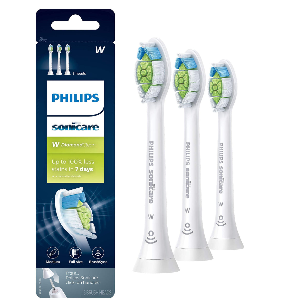 Philips Sonicare W DiamondClean - Genuine Replacement Electric Toothbrush Heads, White, 3 Pack, HX6063/65